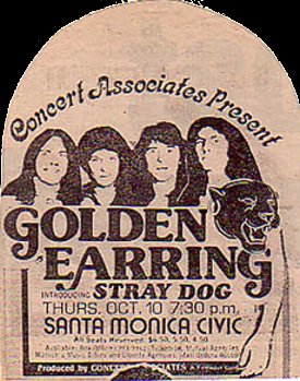 Golden Earring show ad Santa Monica, California - Civic Center October 10, 1974